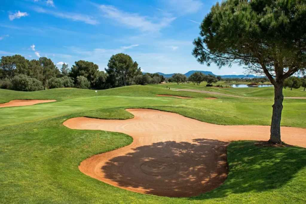 Son Antem West Golf Course View of Hole 17 bunker and green in Mallorca