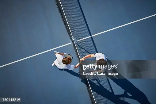 Aerial view of two players on a tennis court shaking hands after a match.